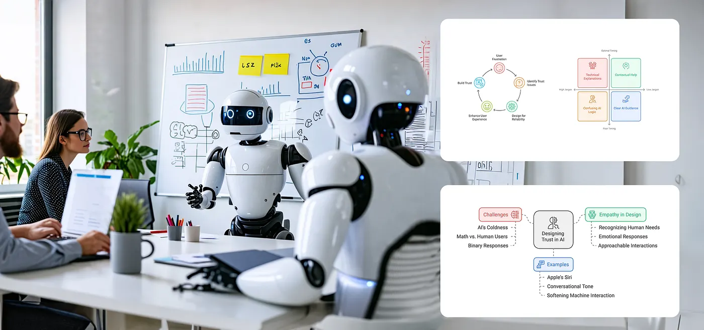 A research session with humans and robot teammates in a meeting room, alongside two trust diagrams: Build Trust loop and Designing Trust in AI mind map.